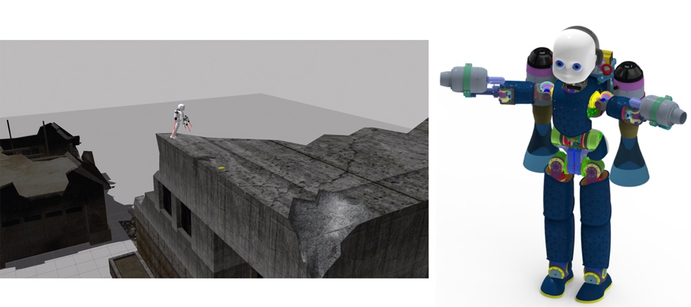 Izquierda: Un iCub simulado equipado con jetpacks durante las maniobras de inspección en un escenario similar a un desastre. Derecha: el rediseño del robot humanoide iCub con jetpack.