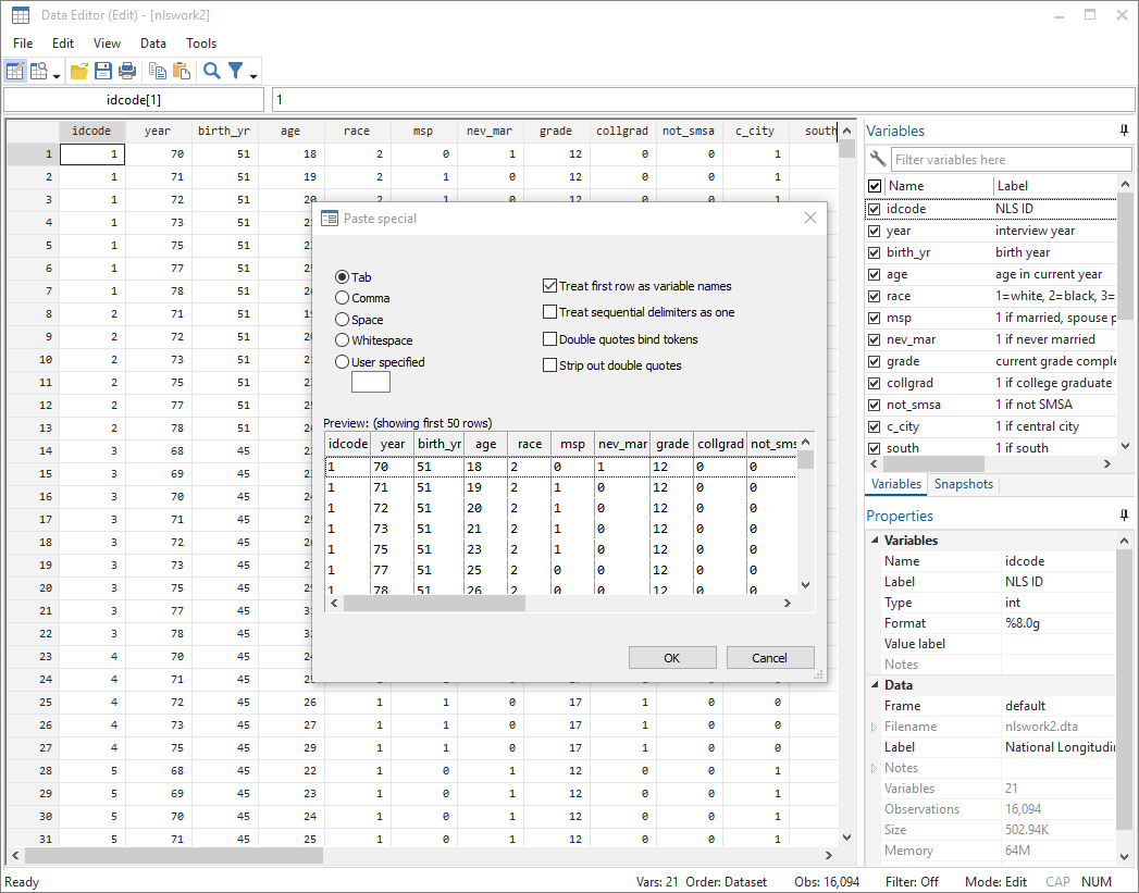 Stata Editor de Datos Pegado especial