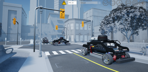 Captura de pantalla de los laboratorios interactivos de Quanser que simulan un QCar y el paisaje urbano de SDCS